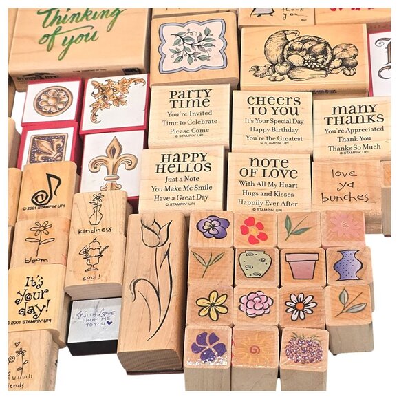 Vtg Wooden Rubber Stamp Lot of 60 Mixed Crafts Floral Sentiments & Decorative - Picture 7 of 16